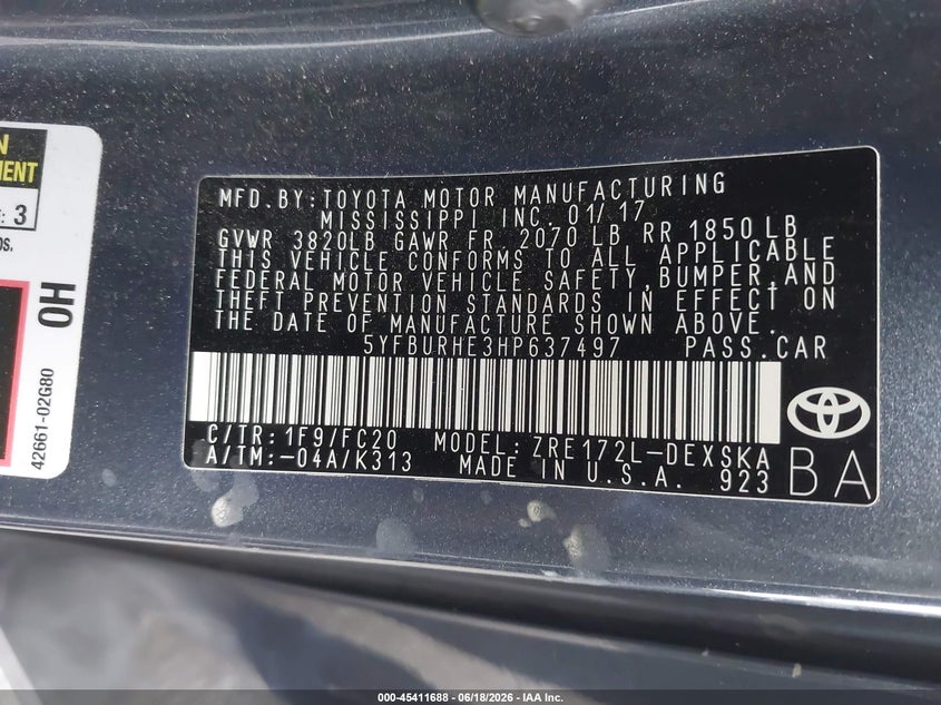 2017 Toyota Corolla VIN 5YFBURHE3HP637497 IAAI salvage auction — FRONT END, Salvage Title, sold $5,200 on 2026-08-02 (photo 9)