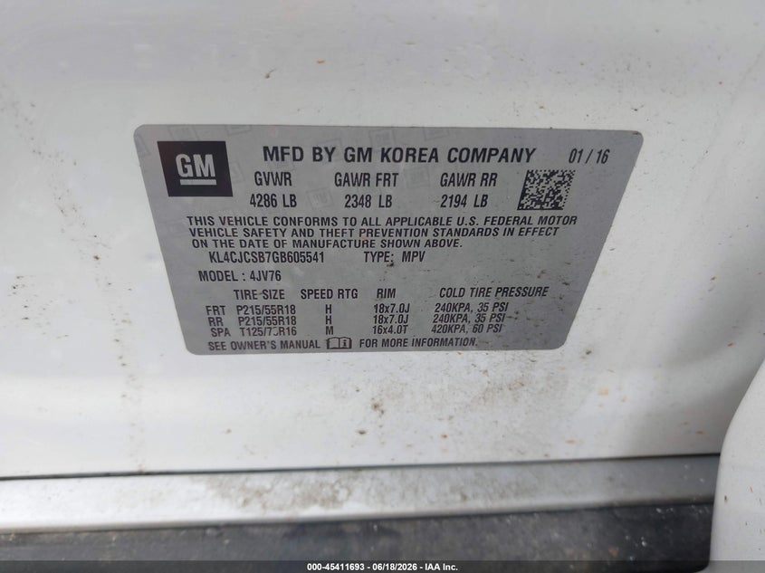 2016 Buick Encore VIN KL4CJCSB7GB605541 IAAI salvage auction — NORMAL WEAR, Repossession Paperwork (Georgia), sold $300 on 2026-07-21 (photo 9)
