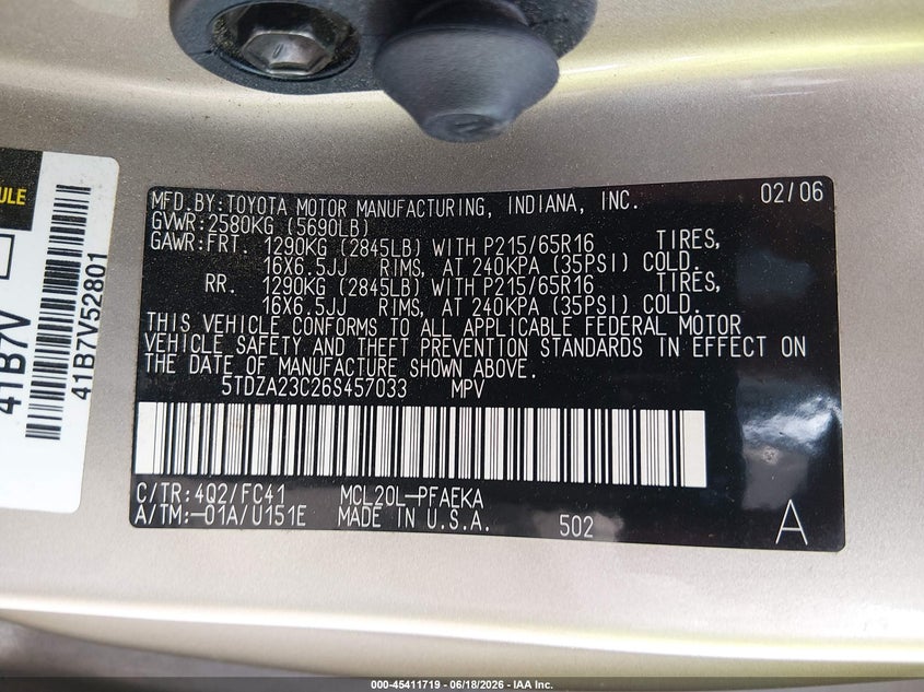 2006 Toyota Sienna VIN 5TDZA23C26S457033 IAAI salvage auction — FRONT END, Salvage (South Carolina), sold $575 on 2026-07-15 (photo 9)