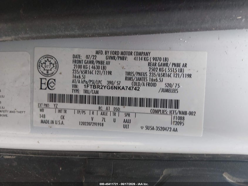 2022 Ford VIN 1FTBR2YG6NKA74742 IAAI salvage auction — LEFT FRONT, Salvage Title, sold $10,300 on 2026-09-10 (photo 9)
