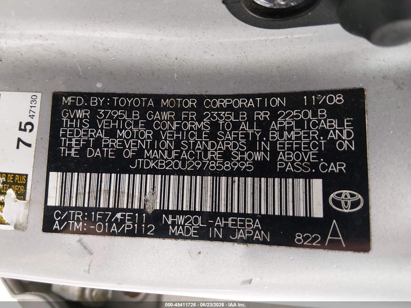 2009 Toyota Prius VIN JTDKB20U297858995 IAAI salvage auction — NORMAL WEAR, Clear-Dealer Only (West Virginia), sold $275 on 2026-07-16 (photo 9)