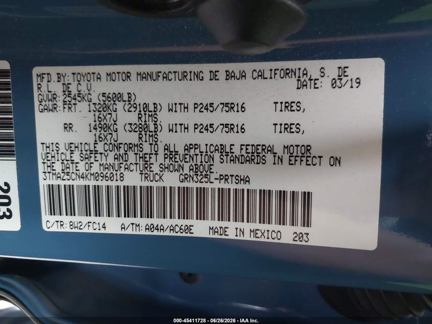 2019 Toyota Tacoma VIN 3TMAZ5CN4KM096018 IAAI salvage auction — LEFT FRONT, Salvage Certificate (California), sold $7,100 on 2026-07-25 (photo 9)