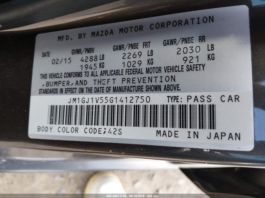 2016 Mazda 6 VIN JM1GJ1V55G1412750 IAAI salvage auction — FRONT & REAR, Junk Bill Of Sale Mv2459 (Wisconsin), sold $1,075 on 2026-07-15 (photo 9)