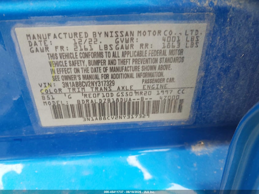 2022 Nissan Sentra VIN 3N1AB8CV2NY317329 IAAI salvage auction — FRONT END, Salvage Title, sold $1,150 on 2026-08-02 (photo 9)