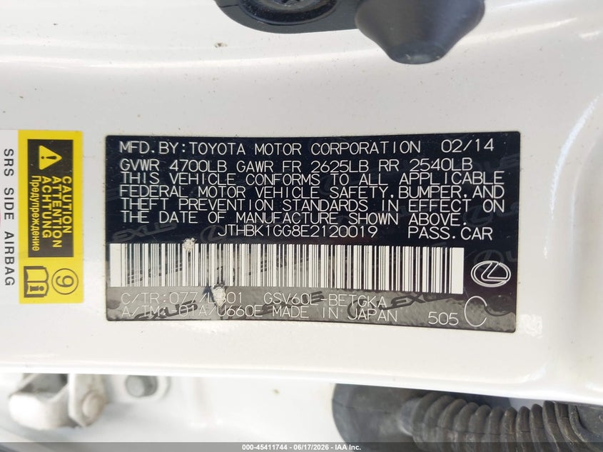2014 Lexus VIN JTHBK1GG8E2120019 IAAI salvage auction — LEFT & RIGHT, Salvage Title, sold $50 on 2026-07-28 (photo 9)
