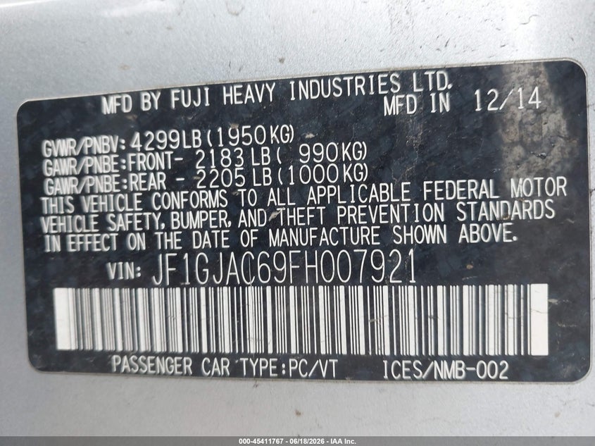 2015 Subaru Impreza VIN JF1GJAC69FH007921 IAAI salvage auction — FRONT & REAR, Mv-907A (New York), sold $25 on 2026-07-30 (photo 9)