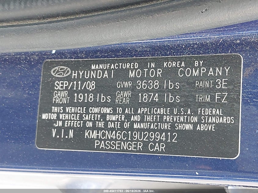 2009 Hyundai Accent VIN KMHCN46C19U299412 IAAI salvage auction — REAR END, Salvage (Texas), sold $325 on 2026-07-28 (photo 9)