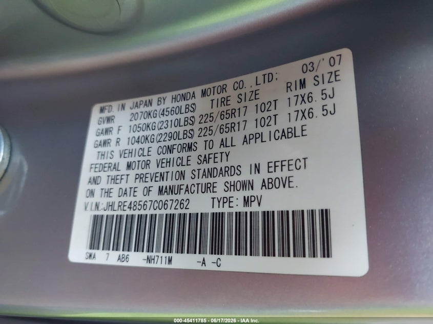 2007 Honda Cr-v VIN JHLRE48567C067262 IAAI salvage auction — FRONT END, Salvage (Arizona), sold $1,150 on 2026-07-14 (photo 9)