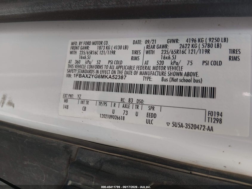 2021 Ford Transit-350 VIN 1FBAX2YG6MKA52387 IAAI salvage auction — NORMAL WEAR, Sf97 (Arizona), sold $17,100 on 2026-07-28 (photo 9)