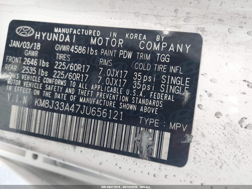 2018 Hyundai Tucson VIN KM8J33A47JU656121 IAAI salvage auction — THEFT, Salvage Title, sold $1,900 on 2026-07-27 (photo 9)