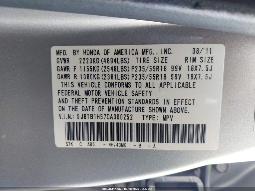 2012 Acura Rdx VIN 5J8TB1H57CA000252 IAAI salvage auction — REAR END, Original (Texas), sold $25 on 2026-07-23 (photo 9)