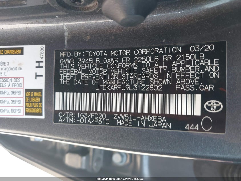 2020 Toyota Prius VIN JTDKARFU9L3122802 IAAI salvage auction — REAR END, Salvage (Arizona), sold $3,850 on 2026-07-14 (photo 9)