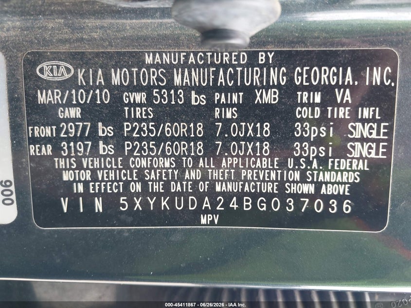 2011 Kia Sorento VIN 5XYKUDA24BG037036 IAAI salvage auction — NORMAL WEAR, Clear (Maryland), sold $875 on 2026-07-09 (photo 9)
