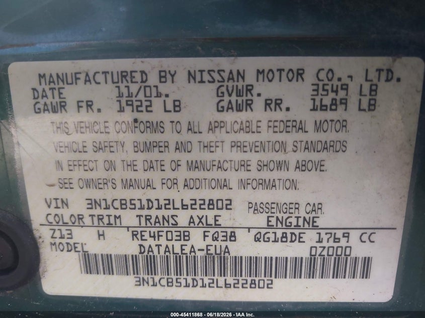 2002 Nissan Sentra VIN 3N1CB51D12L622802 IAAI salvage auction — RIGHT REAR, Junk Bill Of Sale Mv2459 (Wisconsin), sold $25 on 2026-07-09 (photo 9)