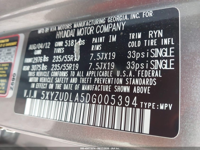 2013 Hyundai Santa fe VIN 5XYZUDLA5DG005394 IAAI salvage auction — RIGHT REAR, Clear (Alabama), sold $775 on 2026-07-08 (photo 9)