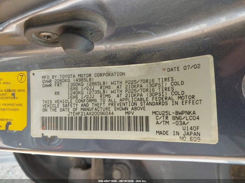 2002 Toyota Highlander VIN JTEHF21AX20096044 IAAI salvage auction — REAR END, Clear (Montana), sold $275 on 2026-07-29 (photo 9)