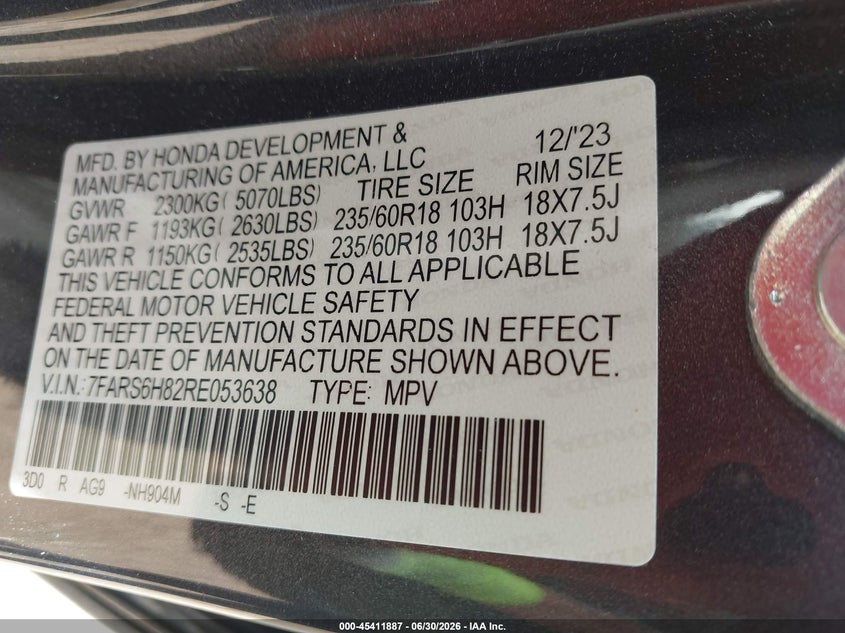 2024 Honda Cr-v VIN 7FARS6H82RE053638 IAAI salvage auction — LEFT SIDE, Salvage (Alabama), sold $25 on 2026-07-29 (photo 9)