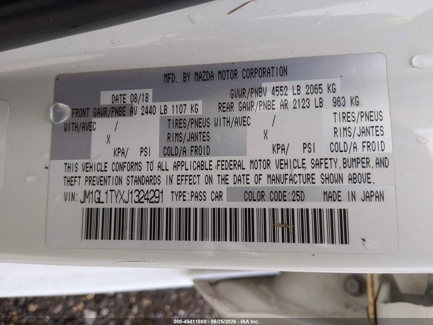 2018 Mazda 6 VIN JM1GL1TYXJ1324291 IAAI salvage auction — LEFT FRONT, Salvage (Louisiana), sold $1,700 on 2026-07-29 (photo 9)