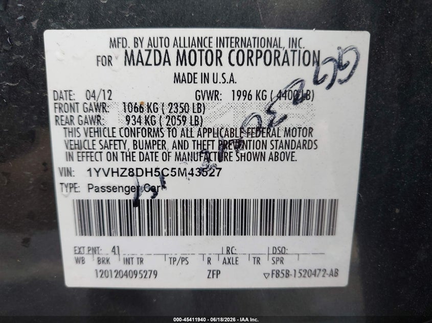 2012 Mazda 6 VIN 1YVHZ8DH5C5M43527 IAAI salvage auction — FRONT END, Clear (Indiana), sold $925 on 2026-07-18 (photo 9)