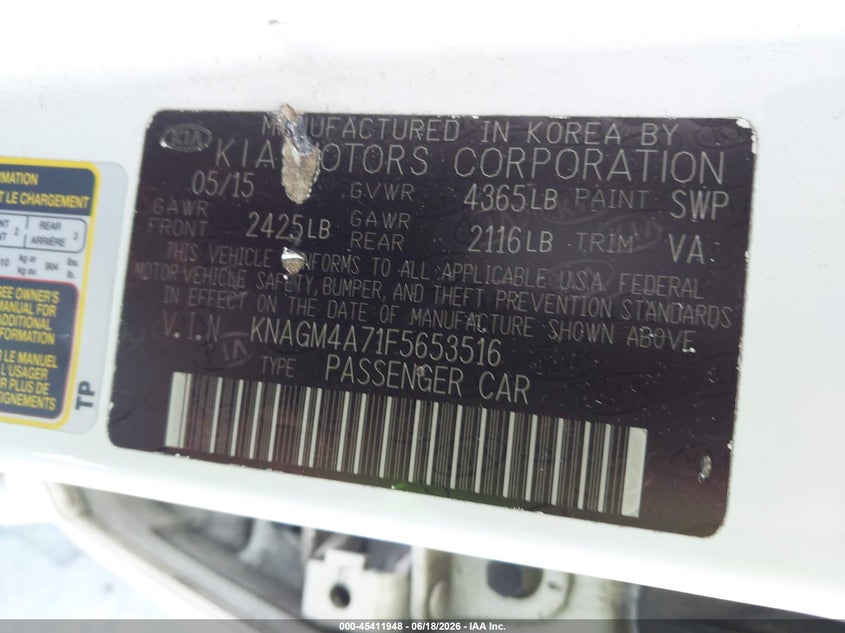 2015 Kia Optima VIN KNAGM4A71F5653516 IAAI salvage auction — NORMAL WEAR, Clear (New York), sold $800 on 2026-07-29 (photo 9)