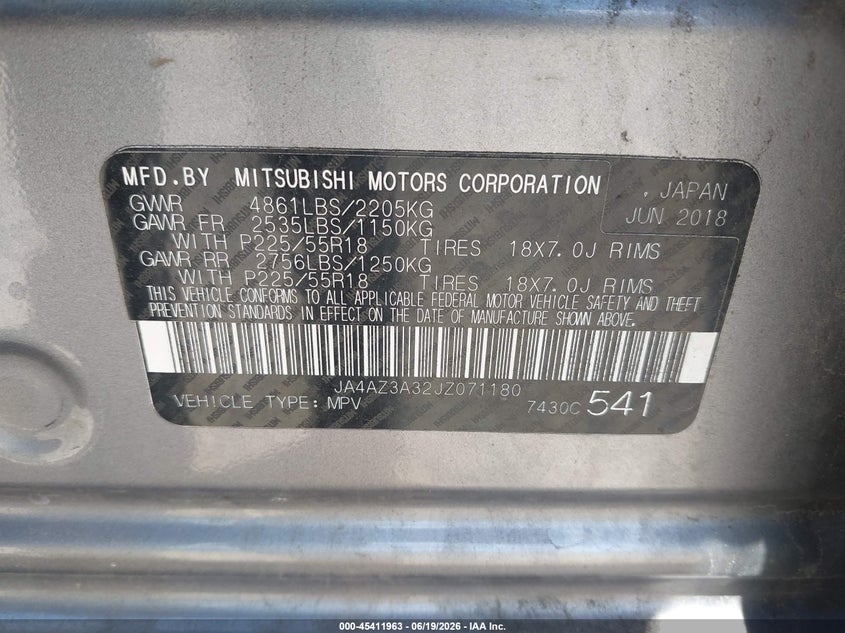 2018 Mitsubishi Outlander VIN JA4AZ3A32JZ071180 IAAI salvage auction — LEFT FRONT, Salvage (Pennsylvania), sold $1,950 on 2026-08-02 (photo 9)