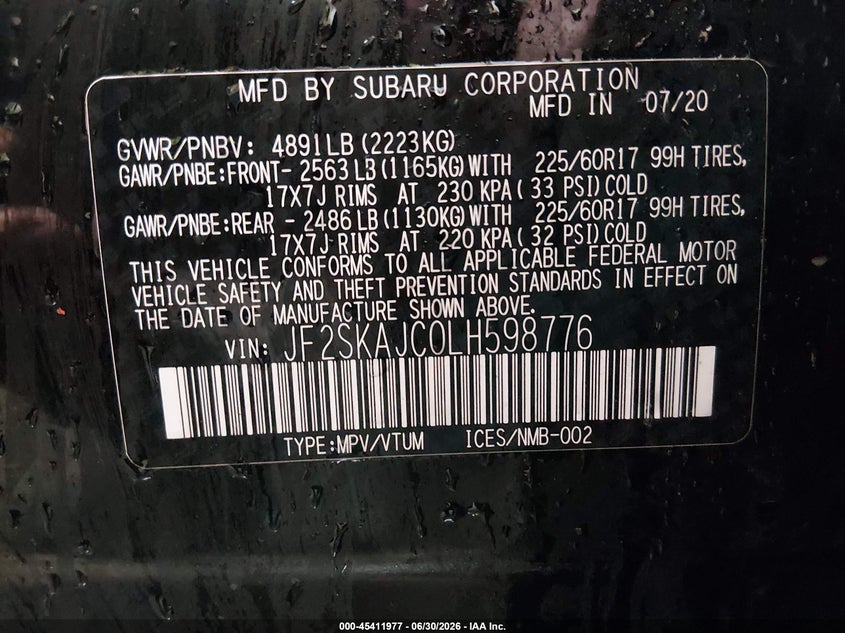 2020 Subaru Forester VIN JF2SKAJC0LH598776 IAAI salvage auction — FRONT END, Bill Of Sale (Alaska), sold $2,900 on 2026-07-17 (photo 9)
