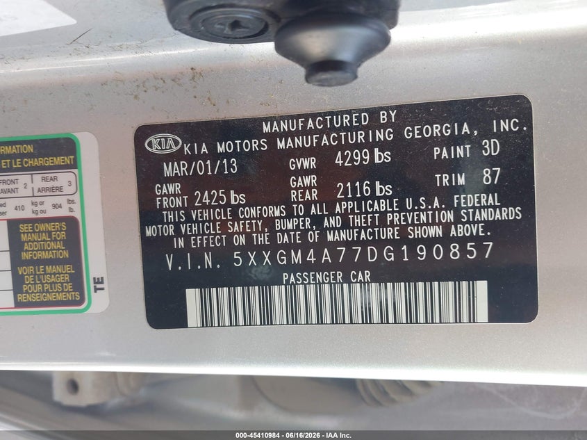 2013 Kia Optima VIN 5XXGM4A77DG190857 IAAI salvage auction — NORMAL WEAR, Clear (Kansas), sold $475 on 2026-07-29 (photo 9)