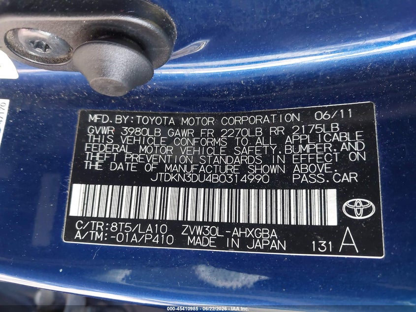 2011 Toyota Prius VIN JTDKN3DU4B0314990 IAAI salvage auction — FRONT END, Salvage (Texas), sold $775 on 2026-07-15 (photo 9)
