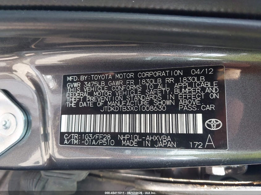 2012 Toyota Prius c VIN JTDKDTB3XC1008630 IAAI salvage auction — ROLLOVER, Salvage Title, sold $500 on 2026-07-21 (photo 9)