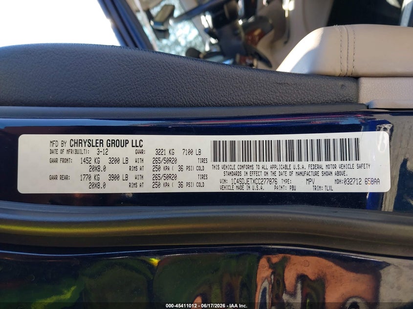 2012 Dodge Durango VIN 1C4SDJETXCC277876 IAAI salvage auction — SIDE, Salvage Title, sold $1,450 on 2026-07-22 (photo 9)
