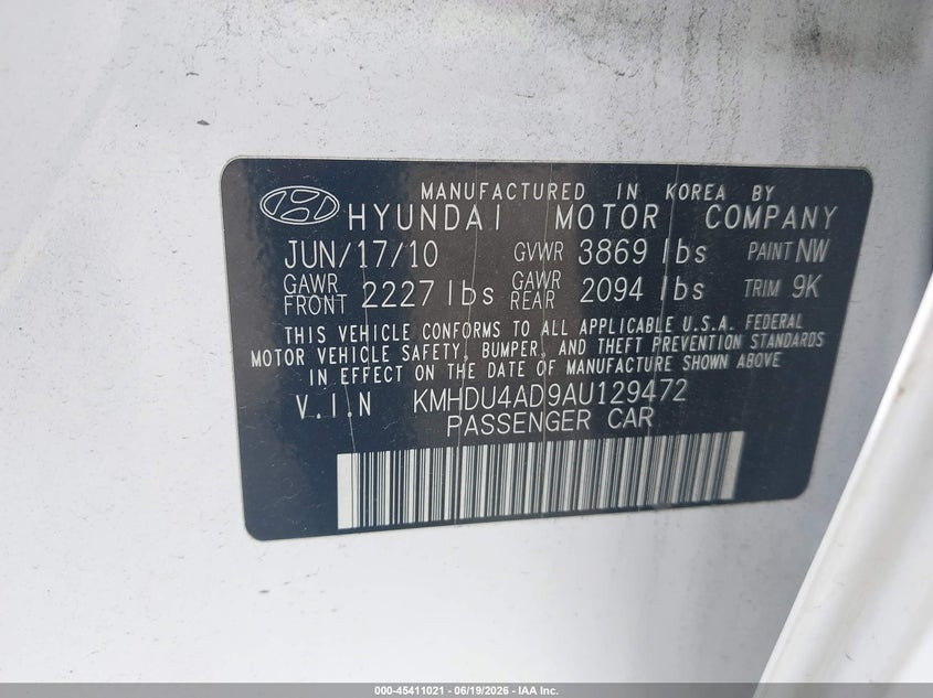 2010 Hyundai Elantra VIN KMHDU4AD9AU129472 IAAI salvage auction — LEFT FRONT, Salvage (North Carolina), sold $750 on 2026-07-07 (photo 9)