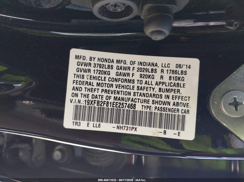2014 Honda Civic VIN 19XFB2F81EE257468 IAAI salvage auction — RIGHT FRONT, Salvage Title, sold $4,150 on 2026-08-26 (photo 9)
