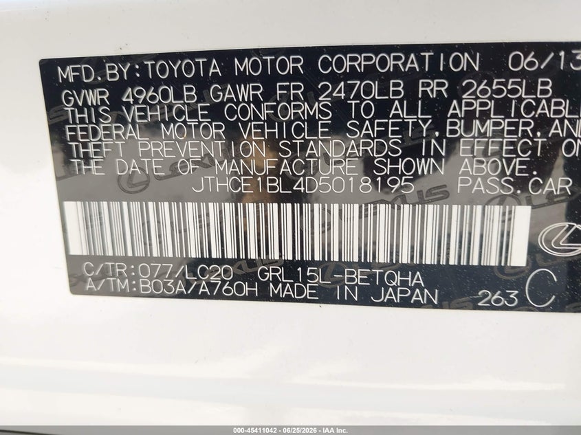 2013 Lexus Gs VIN JTHCE1BL4D5018195 IAAI salvage auction — FRONT END, Reconstructed (Massachusetts), sold $3,000 on 2026-07-28 (photo 9)