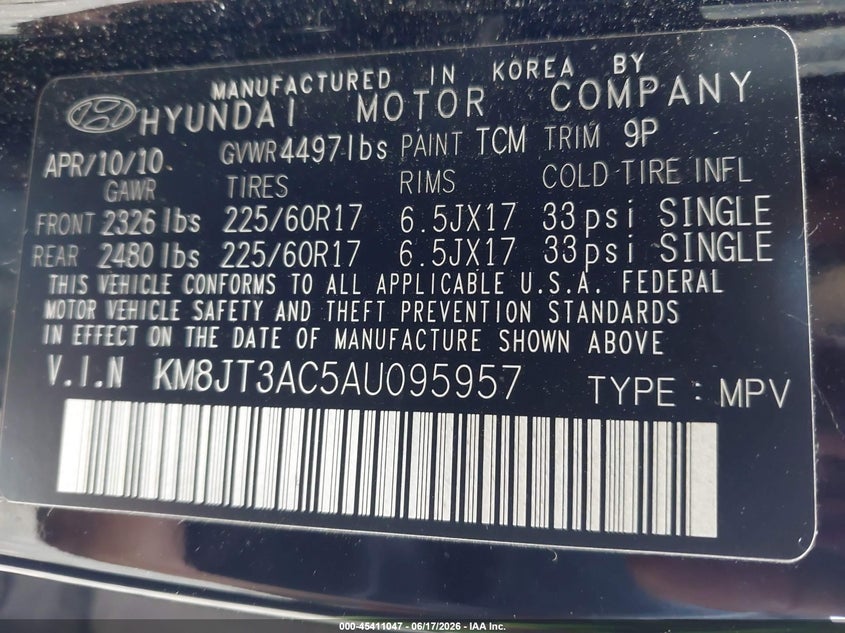 2010 Hyundai Tucson VIN KM8JT3AC5AU095957 IAAI salvage auction — REAR END, Clear (Virginia), sold $1,400 on 2026-07-13 (photo 9)