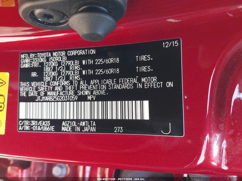 2016 Lexus Nx VIN JTJYARBZ5G2031059 IAAI salvage auction — FRONT END, Salvage (California), sold $7,100 on 2026-07-17 (photo 9)
