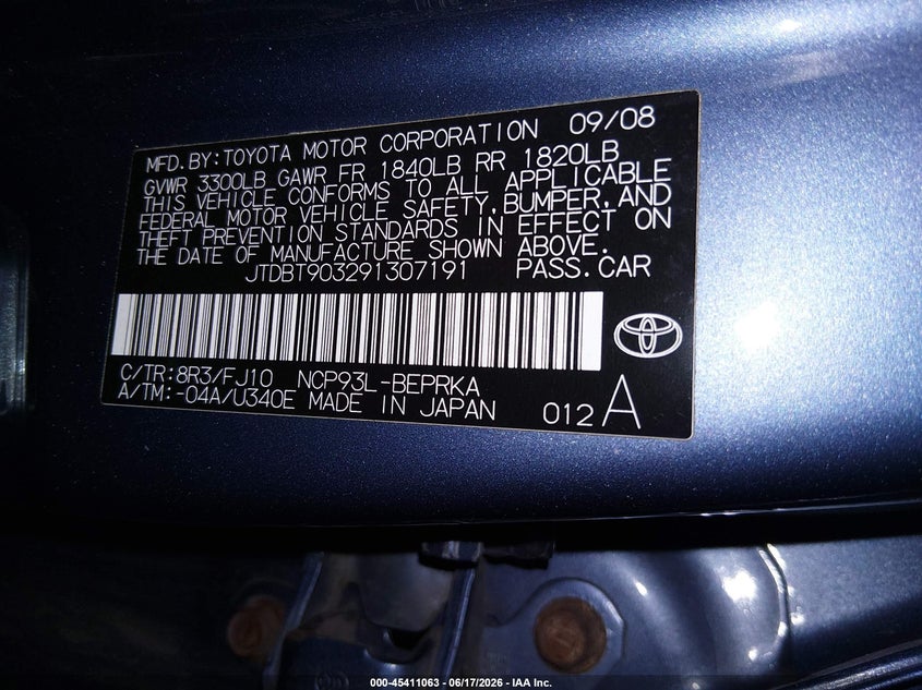 2009 Toyota Yaris VIN JTDBT903291307191 IAAI salvage auction — NORMAL WEAR, Prior Salvage (Minnesota), sold $650 on 2026-07-15 (photo 9)