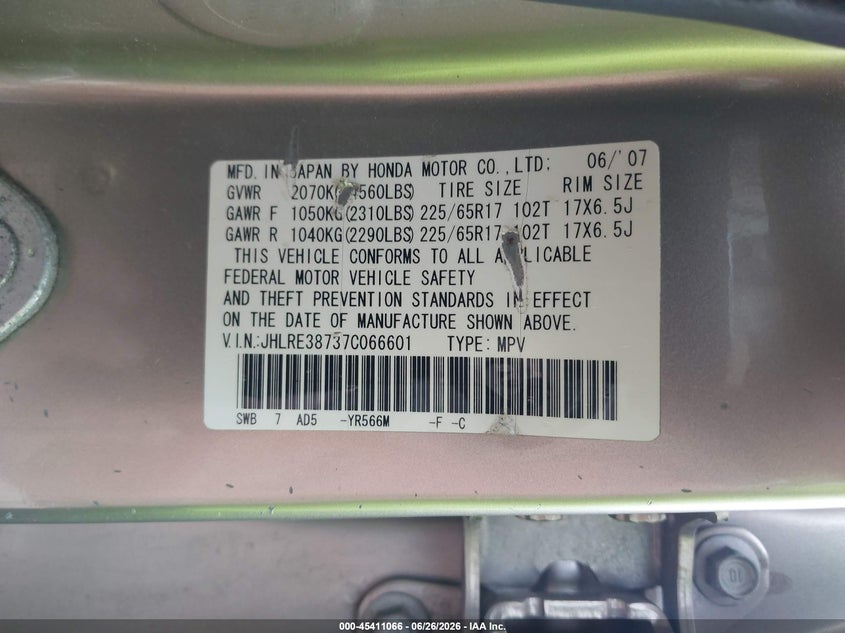 2007 Honda Cr-v VIN JHLRE38737C066601 IAAI salvage auction — NORMAL WEAR, Clear (Indiana), sold $500 on 2026-07-21 (photo 9)