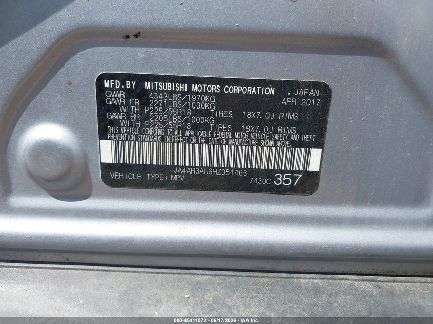 2017 Mitsubishi VIN JA4AR3AU9HZ051463 IAAI salvage auction — REAR END, Salvage Title, sold $1,400 on 2026-07-10 (photo 9)