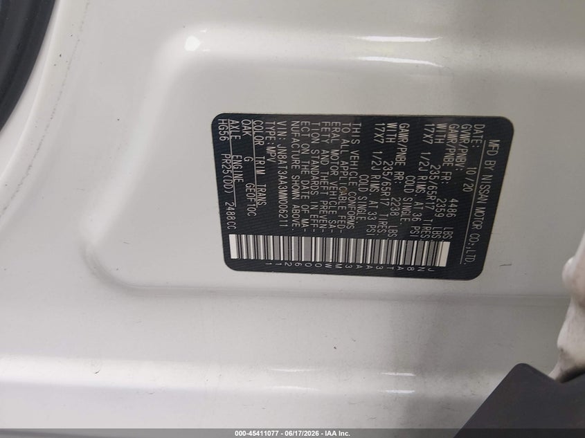 2021 Nissan Rogue VIN JN8AT3AA3MW006211 IAAI salvage auction — REAR END, Salvage Title, sold $3,000 on 2026-08-01 (photo 9)