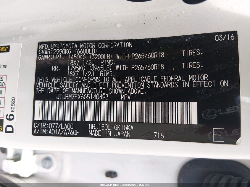 2016 Lexus Gx VIN JTJBM7FX6G5140493 IAAI salvage auction — FRONT END, Salvage (Louisiana), sold $9,500 on 2026-07-31 (photo 9)
