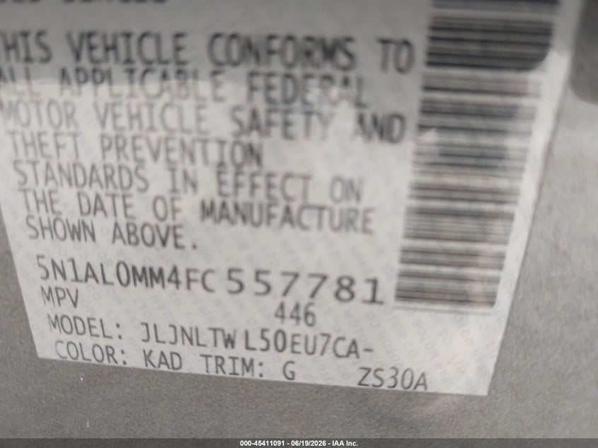 2015 Infiniti Qx60 VIN 5N1AL0MM4FC557781 IAAI salvage auction — NORMAL WEAR, Original (Texas), sold $100 on 2026-07-09 (photo 9)