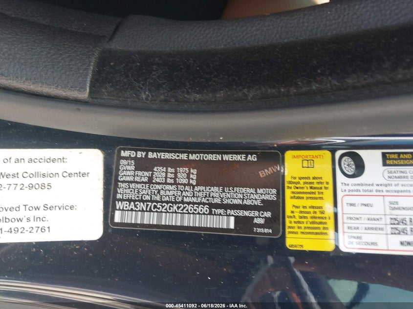2016 BMW 4 series VIN WBA3N7C52GK226566 IAAI salvage auction — NORMAL WEAR, Original (Texas), sold $875 on 2026-07-08 (photo 9)