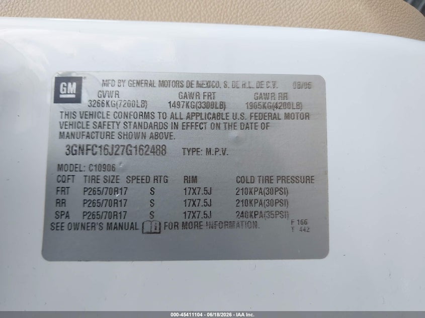 2007 Chevrolet Suburban 1500 VIN 3GNFC16J27G162488 IAAI salvage auction — NORMAL WEAR, Original (Texas), sold $950 on 2026-07-08 (photo 9)