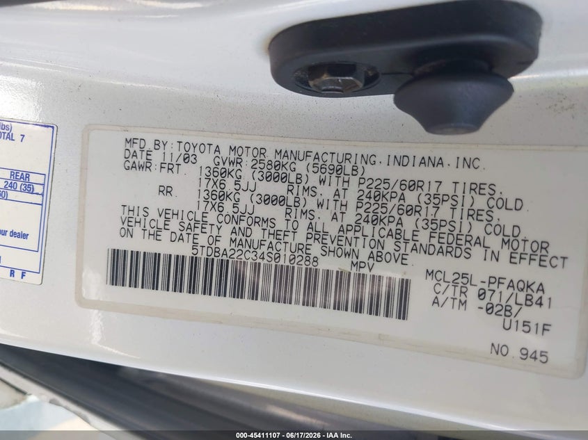 2004 Toyota Sienna VIN 5TDBA22C34S010288 IAAI salvage auction — LEFT SIDE, Salvage (California), sold $675 on 2026-07-06 (photo 9)