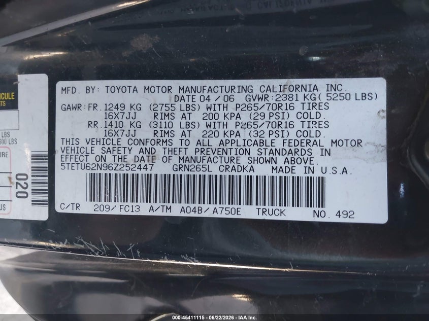 2006 Toyota Tacoma VIN 5TETU62N96Z252447 IAAI salvage auction — FRONT END, Salvage (California), sold $2,975 on 2026-07-29 (photo 9)