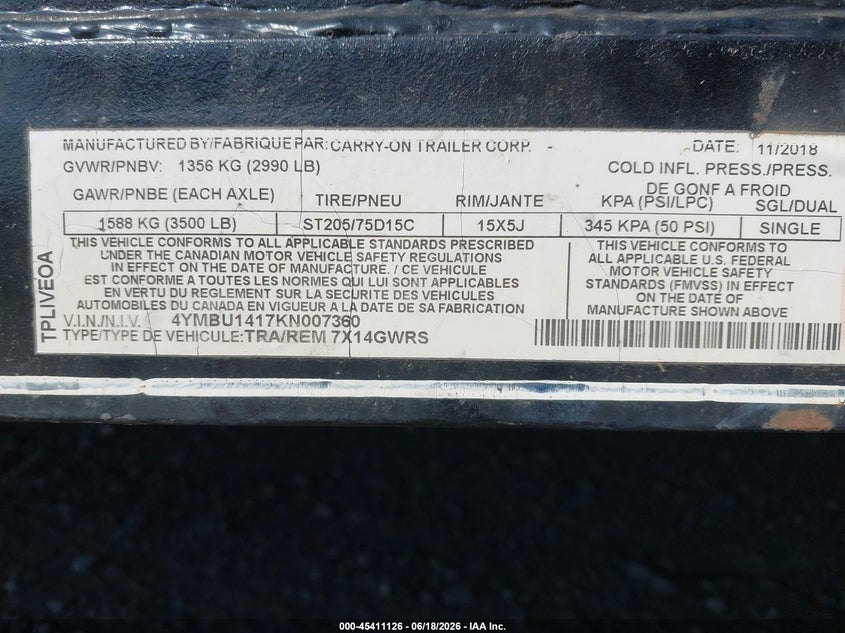 2019 Carry-on trailer 14' utility VIN 4YMBU1417KN007360 IAAI salvage auction — FRONT END, Salvage (California), sold $375 on 2026-07-15 (photo 9)