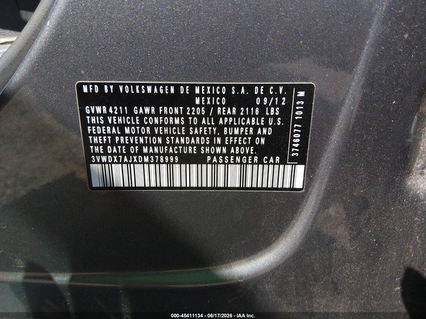 2013 Volkswagen Jetta VIN 3VWDX7AJXDM378999 IAAI salvage auction — SIDE, Salvage (South Carolina), sold $1,150 on 2026-07-09 (photo 9)