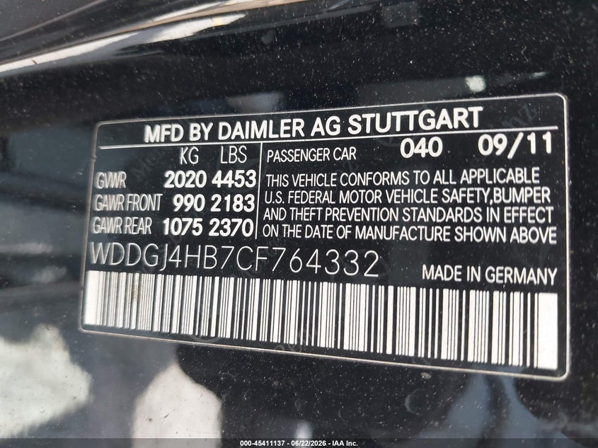 2012 Mercedes-benz C-klasse VIN WDDGJ4HB7CF764332 IAAI salvage auction — NORMAL WEAR, Clear (Florida), sold $325 on 2026-07-06 (photo 9)