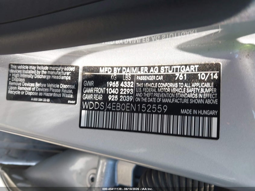 2014 Mercedes-benz Cla-klasse VIN WDDSJ4EB0EN152559 IAAI salvage auction — REAR END, Salvage Title, sold $2,700 on 2026-07-08 (photo 9)