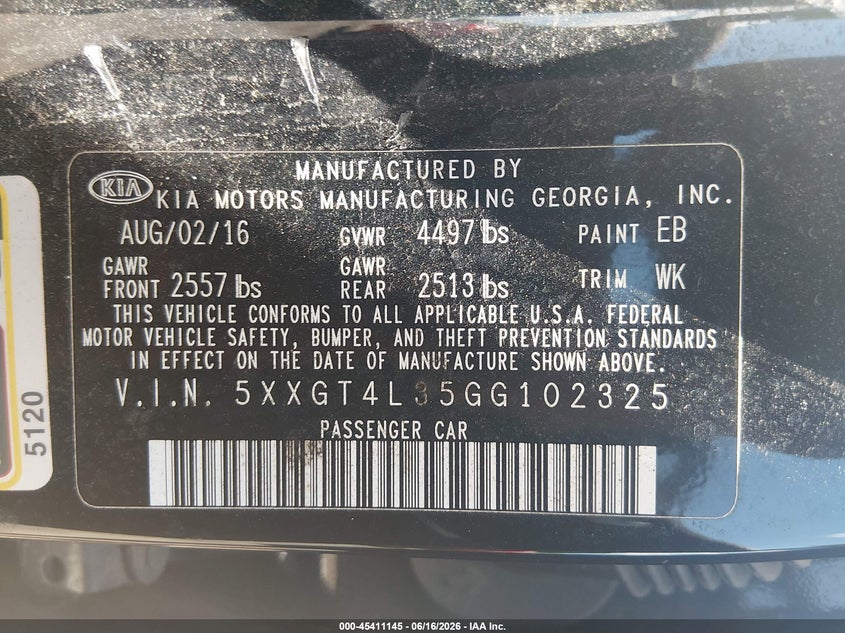 2016 Kia Optima VIN 5XXGT4L35GG102325 IAAI salvage auction — NORMAL WEAR, Salvage Title, sold $25 on 2026-07-23 (photo 9)